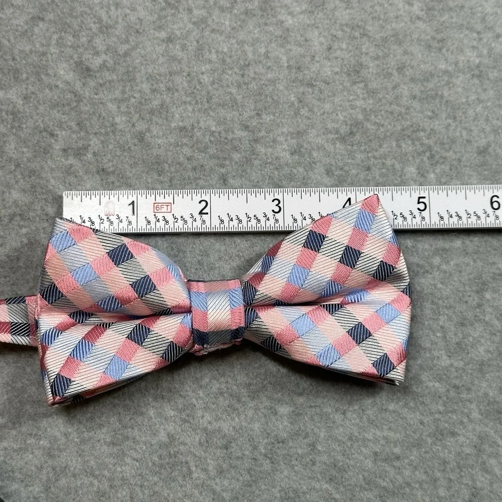 Scott Allen Collection Silk Geometric Pre-Tied Bow Tie Pastel Pink Blue Check